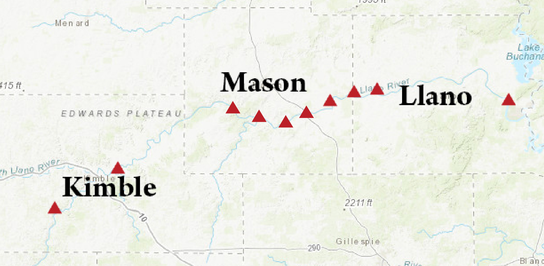 Map of Llano River access points and crossings in Mason County